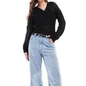 French Connection Manda Pointelle Top in Black - Size XS